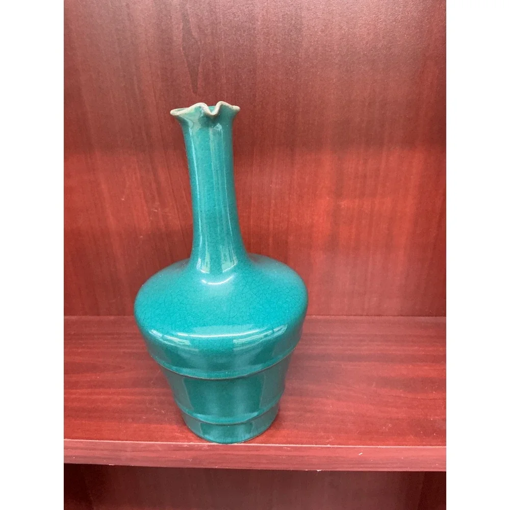 Vintage Teal La Rochere French Pottery‎ Vase Rare Cottage Core